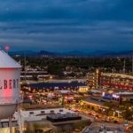 The Gilbert water tower in the Heritage District at dusk