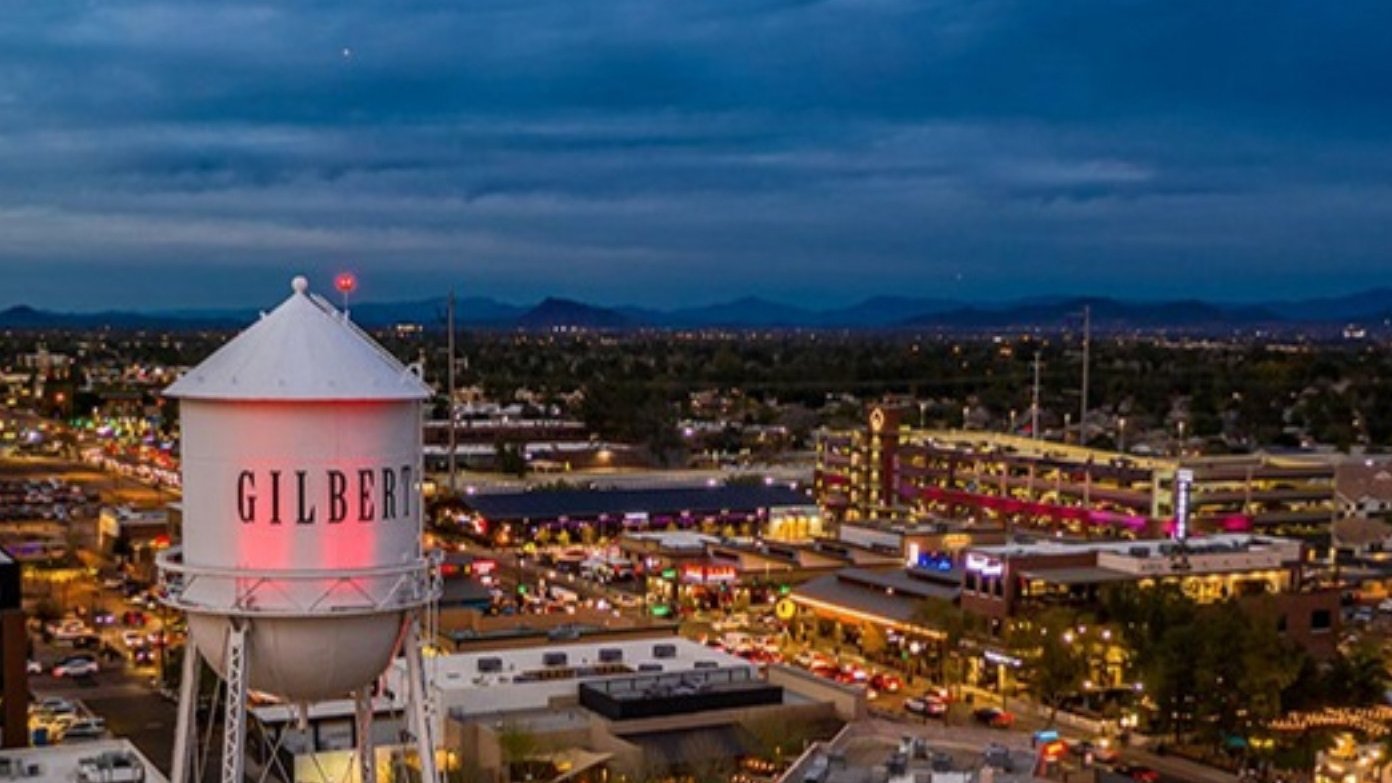 The Gilbert water tower in the Heritage District at dusk