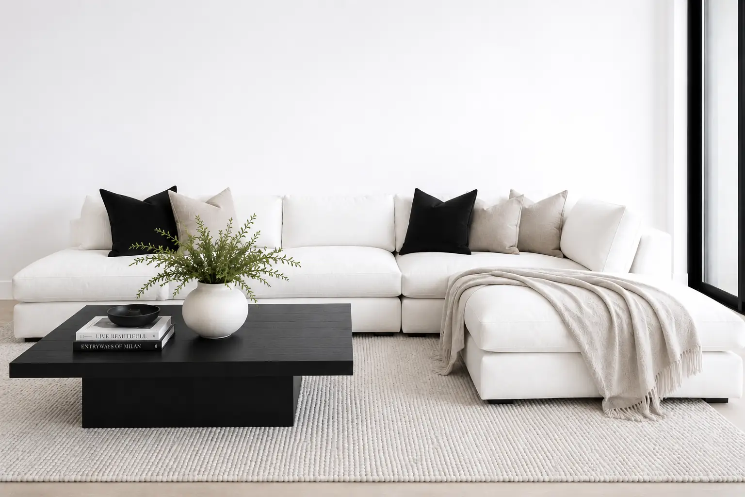 Modern living room with a white sectional sofa